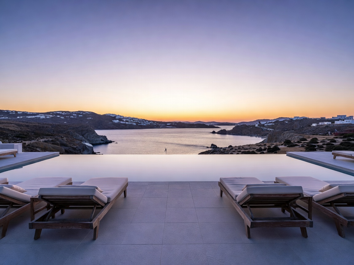 Bill and Coo Suites infinity pool deck overlooking Megali Ammos bay at twilight