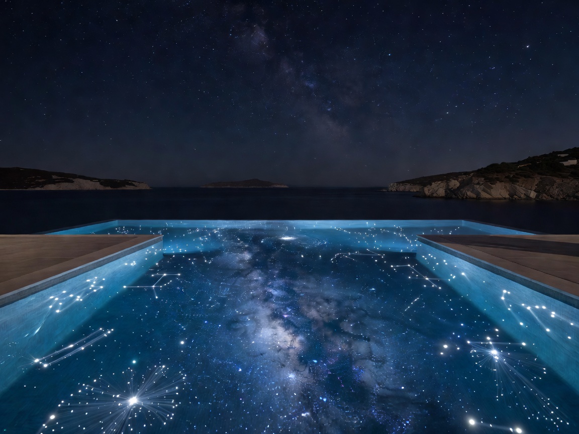 Bill and Coo Suites infinity pool with embedded fiber-optic lighting mirroring the Aegean night sky