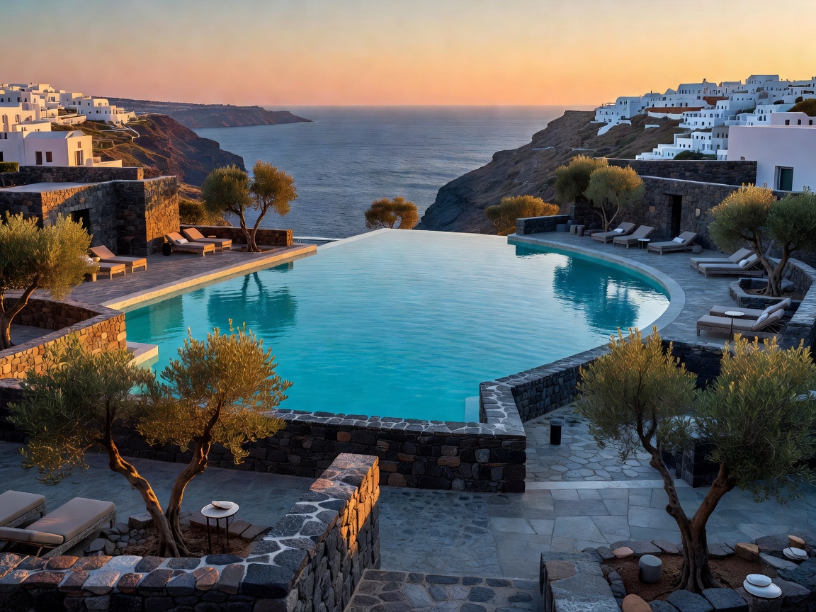 Canaves Oia Epitome oversized infinity pool surrounded by basalt stone walls and olive trees