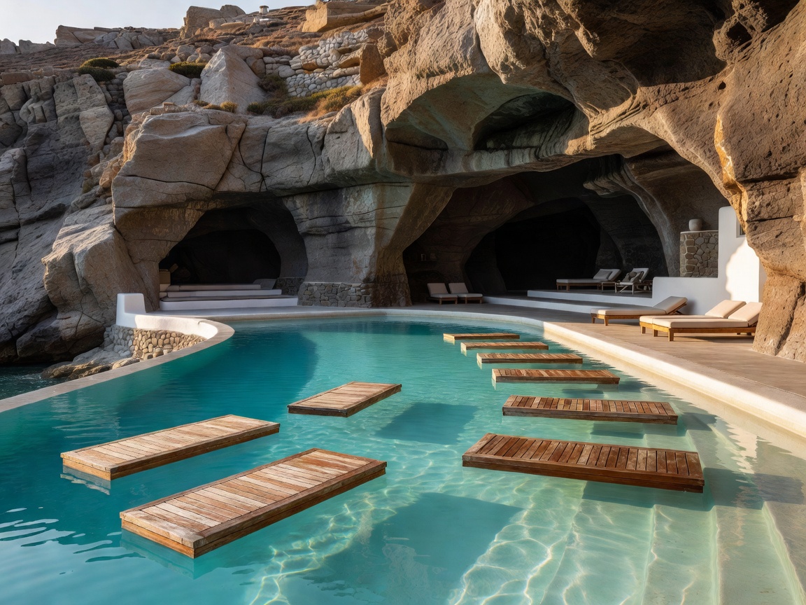 Cavo Tagoo Mykonos infinity pool with floating wooden sunbeds and cavernous cliffside backdrop