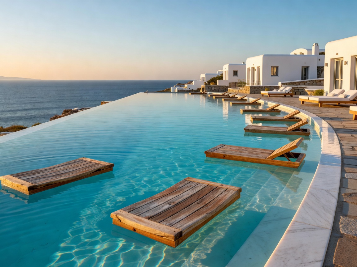 Cavo Tagoo Mykonos large saltwater infinity pool with floating wooden sunbeds