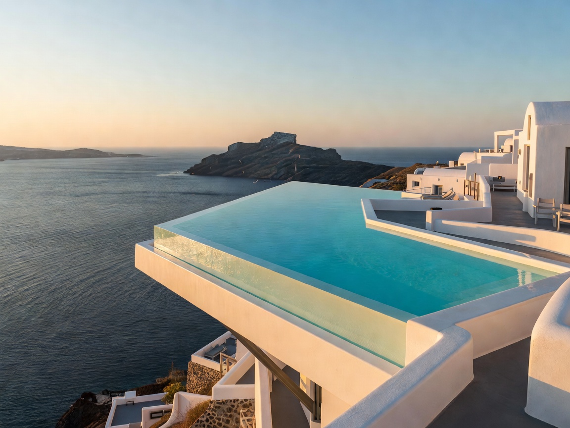 Grace Hotel Santorini cantilevered infinity pool edge pointing toward Skaros Rock