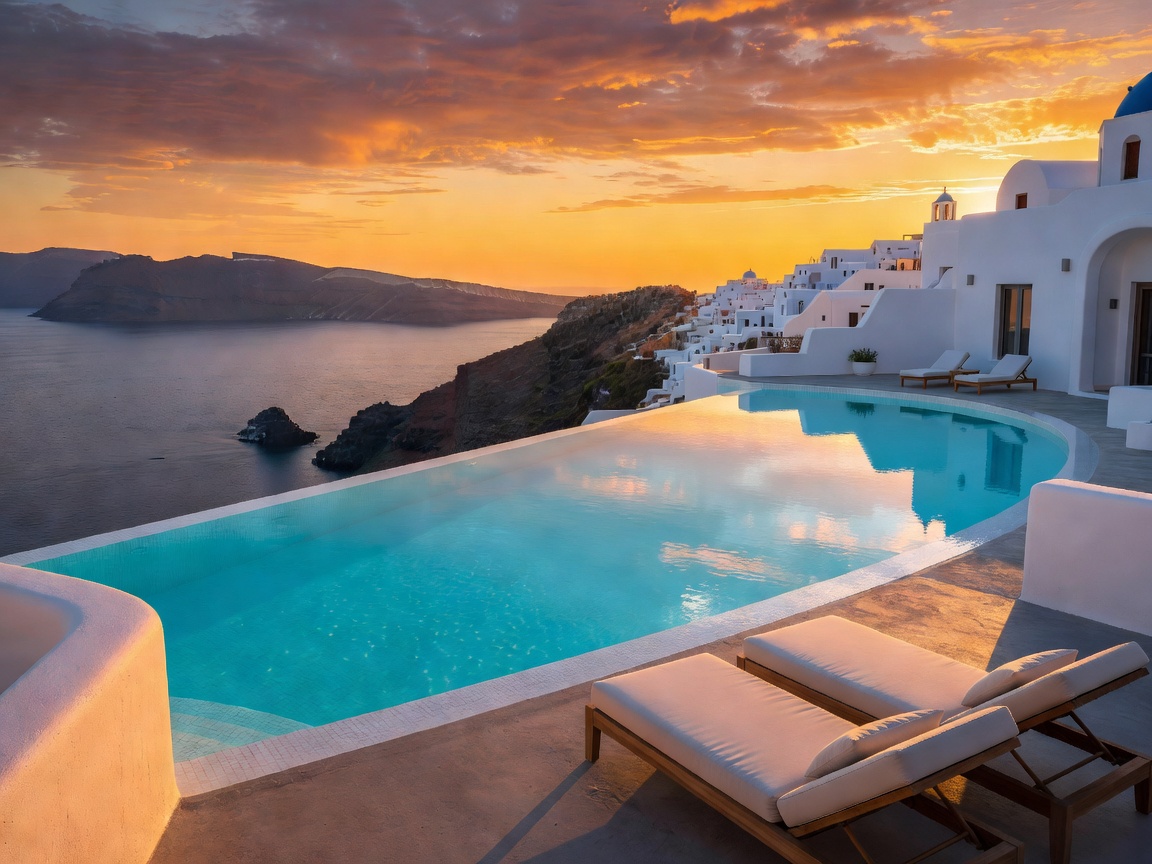 Grace Hotel Santorini clifftop infinity pool overlooking the Aegean caldera at sunset