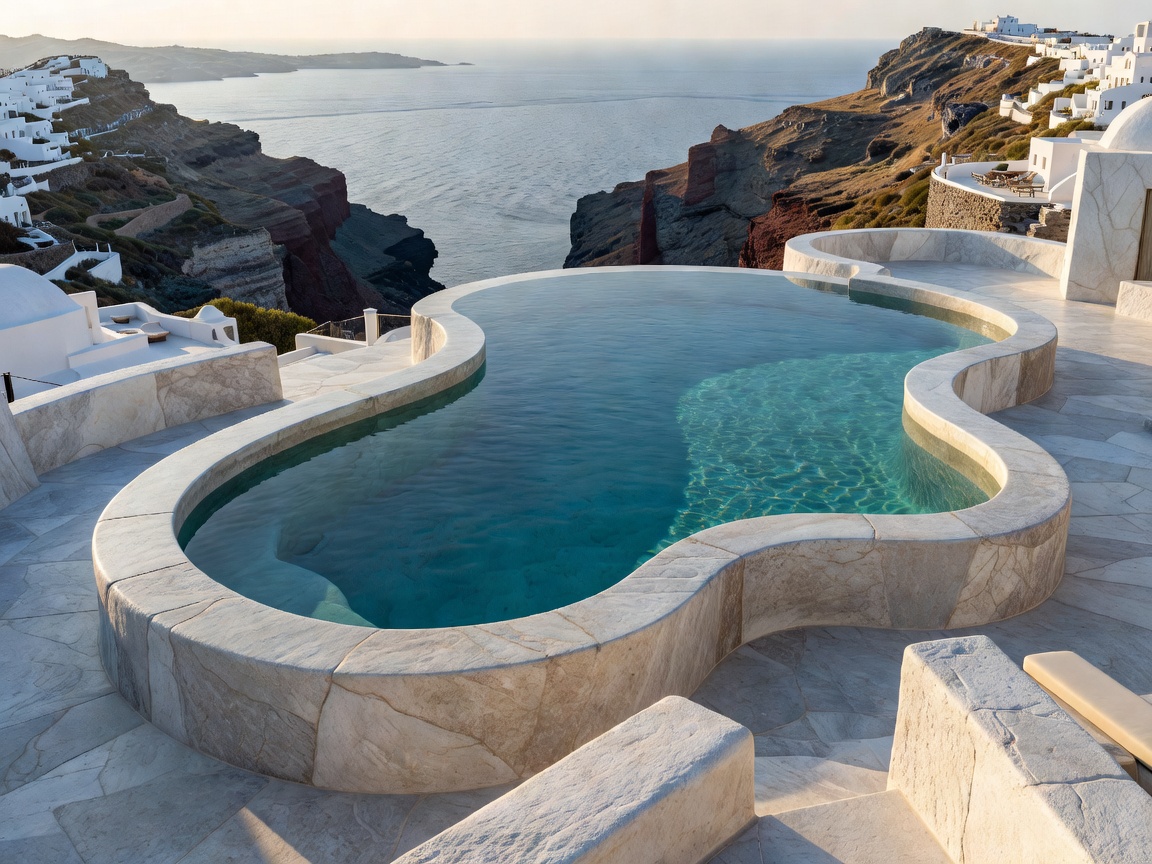 Mystique Oia hotel freeform infinity pool carved from pale volcanic stone above the sea