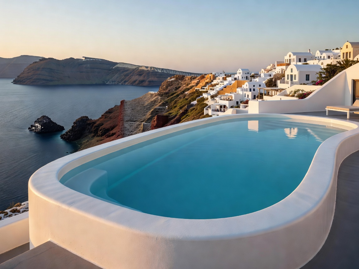 Mystique Oia infinity pool with curved plaster edges overlooking the volcanic caldera